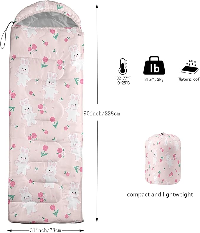 AILONEN Pink Lovely Rabbit Sleeping Bag for Girls Kids Adults,Warm and Cool Weather,Lightweight,Waterproof Backpacking,Cartoon Flowers Printed Bunny Sleeping Bag for Camping