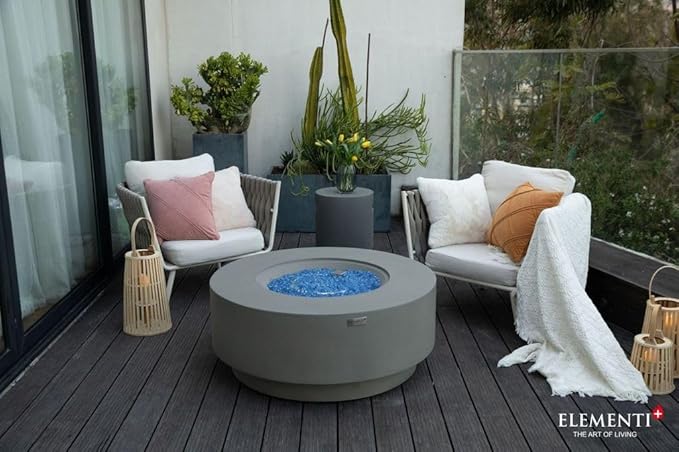 Elementi+ | Bundle Colosseo Gas Fire Pit Cast Concrete 40" Dia. Round Fire Table, Outdoor Fire Pit Electronic Ignition | Canvas Cover, Fire Glass and Burner Lid Included | Light Gray | Propane Gas