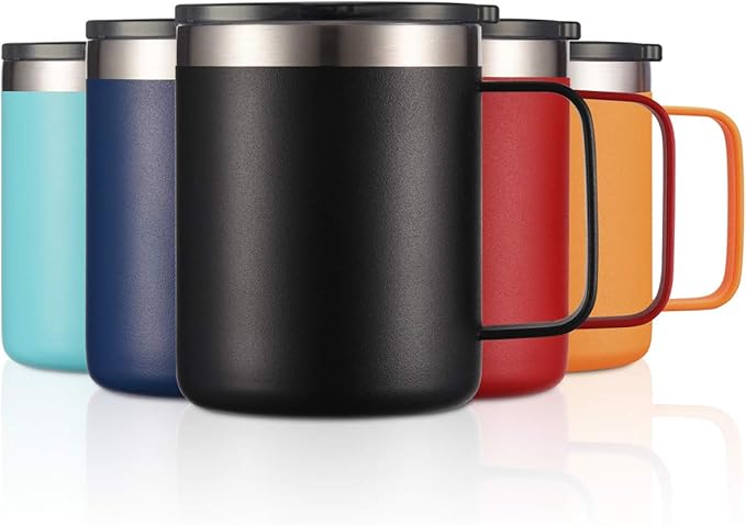 ALOUFEA 12oz Stainless Steel Insulated Coffee Mug with Handle, Double Wall Vacuum Travel Mug, Tumbler Cup with Sliding Lid, Black