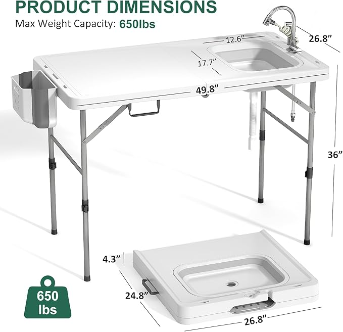 Folding Fish Cleaning Table with Sink, 50"x27" Bi-Folding Portable Camping Sink Station with Drain Hose, Trash Can, Gloves and Cleaning Kits, Foldable Outdoor Sink for Camping, Fishing, BBQ