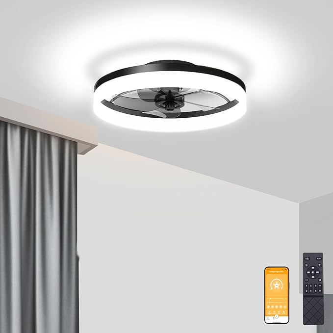 VOLISUN Low Profile Ceiling Fans with Lights and Remote, Fandelier Ceiling Fan Flush Mount, 3000K-6500K Smart Bladeless LED Fan Light, Black Modern Ceiling Fans with Lights for Bedroom