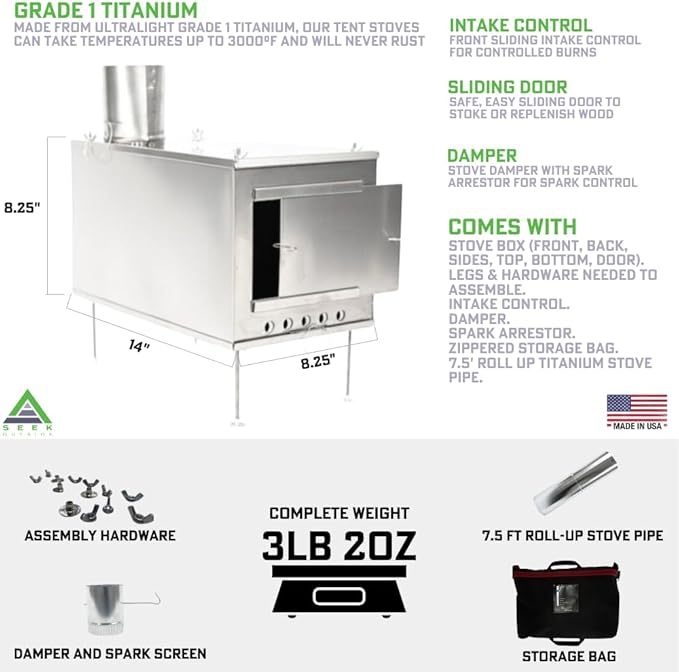 Seek Outside Titanium Wood Stove for Backpacking Camping Hunting | Large Standard Stove With 7.5' Pipe