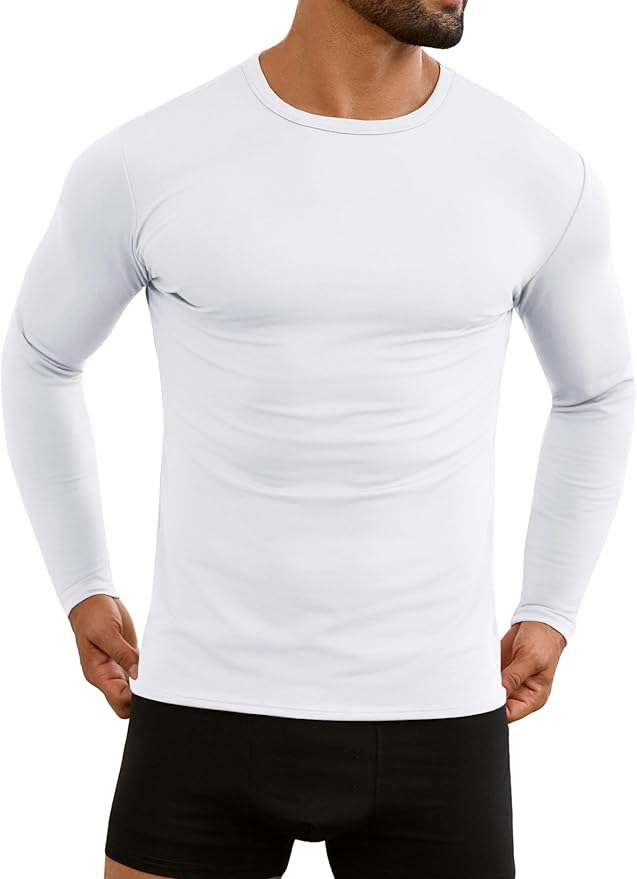 URRU Thermal Underwear for Men High Stretch Fleece Lined Long Sleeve Crewneck Thermal Shirts Base Layer Top Men Cold Weather