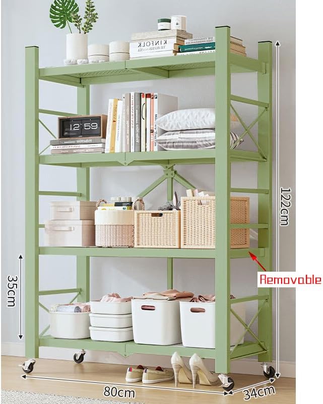 4-Tire Storage Rack, Height Adjustable, 32 * 13 * 50in Foldable Metal Garage Storage Shelves Organizer, Portable Metal Kitchen Shelving, Closet Shelving Unit Bakers Rack (Green 4 Shelfs)