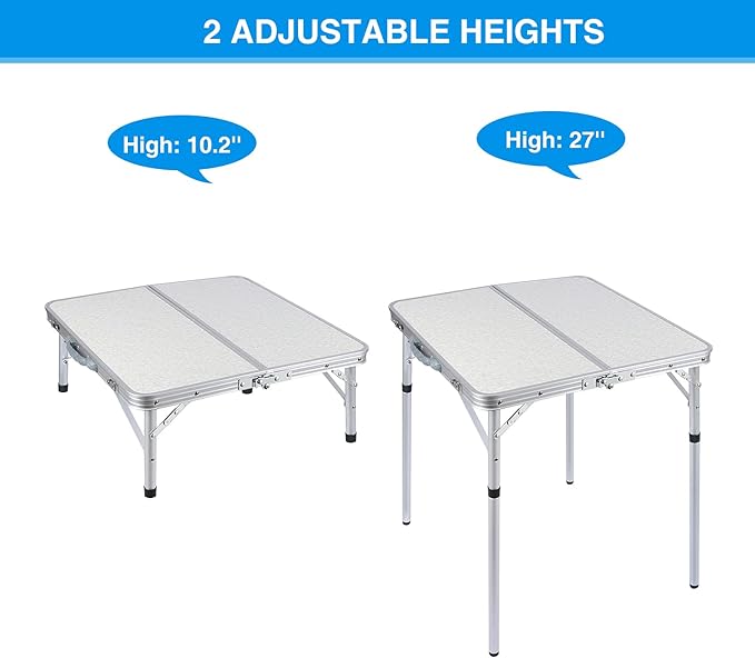 RedSwing Small Square Folding Table 2 Feet Adjustable Height, Lightweight and Portable Aluminum Camping Table for Outdoor Indoor Picnic, 24 in x 24 in x 27 in