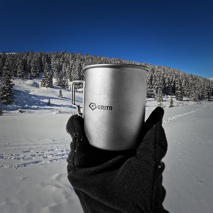GRITR Titanium Mug, 15.2 fl oz / 25.4 fl oz | Camping, Backpacking, Picnic, Hiking, Travel, Outdoor Cooking Gear w/Lid & Folding Handles | Ultralight Multi-Purpose Metal Cup for Water, Coffee, Tea