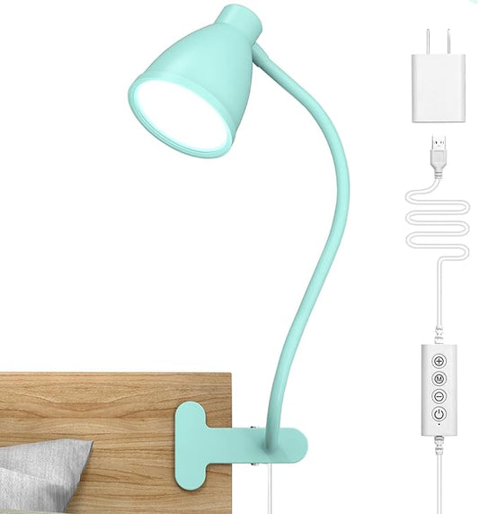 BOHON Desk Lamp with Clamp, 10W 38 LED Clip on Light, 5 Color 10 Brightness Auto Off Timer, Flexible Gooseneck Clip Lamp, Desk Lights for Office Home Bed Bedside Reading, Adapter Include, Teal