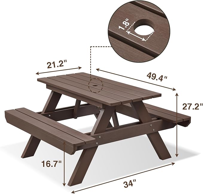 Psilvam Picnic Table - Heavy Duty Poly Lumber with Umbrella Hole & Integrated Benches, 100% Waterproof All-Weather for Patio, Garden (Brown)