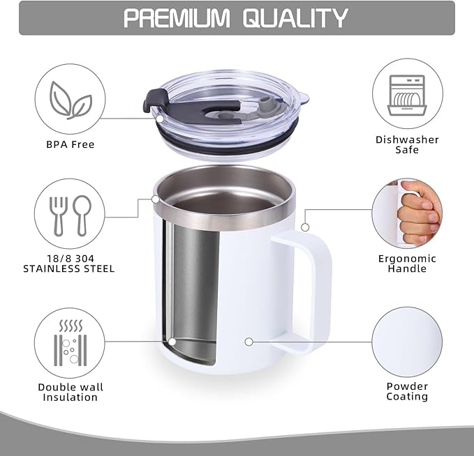Volhoply 12oz Insulated Leakproof Coffee Mug with Flip & Straw Lid Bulk 8 Pack,Not Suitable for Sublimation,Double Wall Vacuum Stainless Steel Travel Tumbler Cup with Handle(White,8 Set)