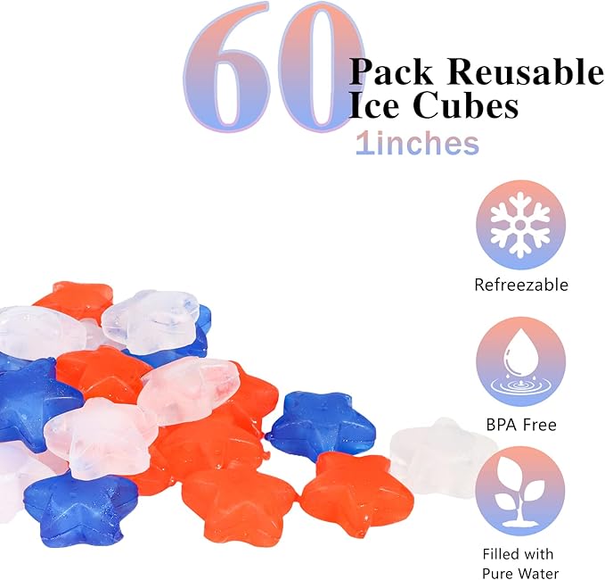 Reusable Ice Cubes Star, 60 Pack, Colorful for Drinks, Whiskey, Vodka or Coffee, Washable Non-Melting Ice Cubes Non-Diluting(Star)