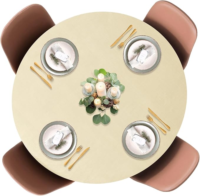 LAMINET Elastic Fitted Table Cover - Basketweave (Beige) - Large Round - Fits Tables up to 45-56” Diameter
