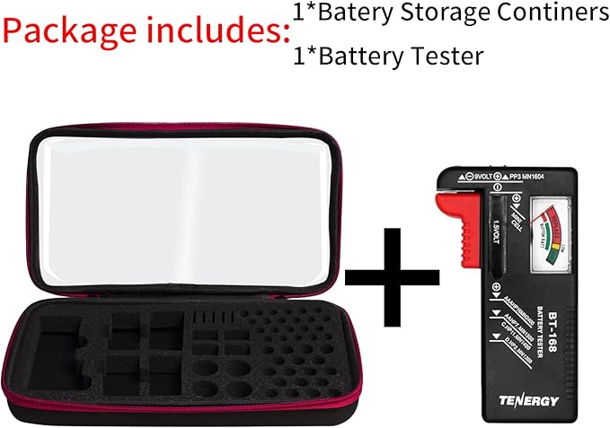 Battery Organizer Storage Case with Tester,Clear Batteries Storage Organizers Holds, Just The Right Size Slot with stable handle,Holds 57 Batteries Various Sizes（Batteries are Not Included）(Red)