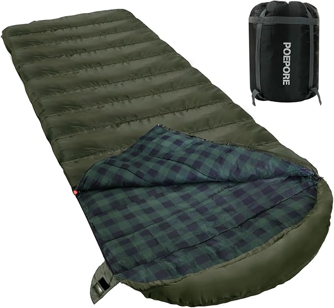 0 Degree Sleeping Bag 100% Cotton Flannel XXL Cold Weather Winter Oversized Sleeping Bag for Adults Camping Zero Degree Big and Tall with Compression Sack