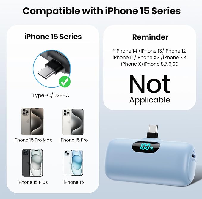 Mini Portable Charger USB C Power Bank,Upgraded 5000mAh PD Fast Charging Battery Pack Built-in USB-C Connector,LCD Display,Compatible with iPhone16,16 Plus,16Pro/Max/15,iPad Pro/Air,Android Phone etc