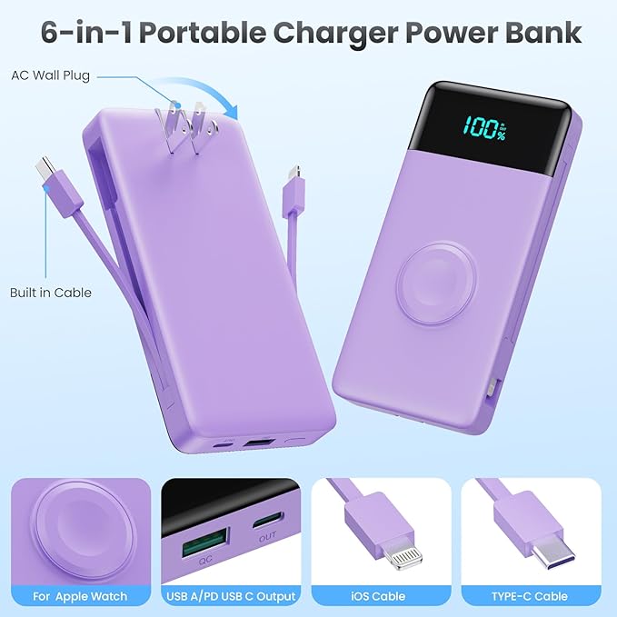 Portable Charger for iPhone with Built in Cables & Wall Plug,6-in-1 10800mah Power Bank with iWatch Charger,22.5W PD Fast Charging LCD Display Battery Pack for iPhone 16/15,Android,Apple Watch-Purple