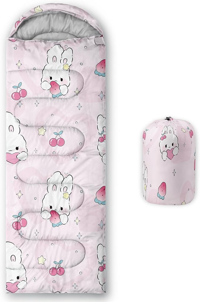 AILONEN Pink Lovely Rabbit Sleeping Bag for Girls Kids Adults,Warm and Cool Weather,Lightweight,Waterproof Backpacking,Cartoon Flowers Printed Bunny Sleeping Bag for Camping