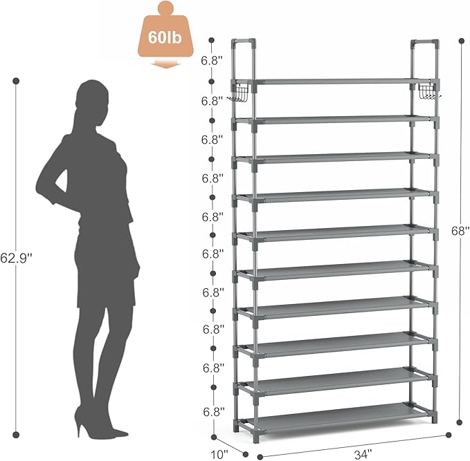 VTRIN 10 Tiers Shoe Rack Tall Large Capacity 50 Pairs Wide Shoe Organizer Sturdy Shoe Shelf for Entryway with Two Hooks Metal Shoe Storage for Closet, Bedroom, Grey