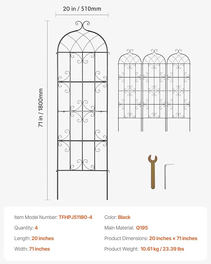 VEVOR Garden Trellis for Climbing Plants, 71 x 20 in, 4 Packs Rustproof Metal Garden Flower Trellis, Outdoor Climbing Rose Trellis Cucumbers Support, Decorative Clematis Trellis for Courtyards Lawns