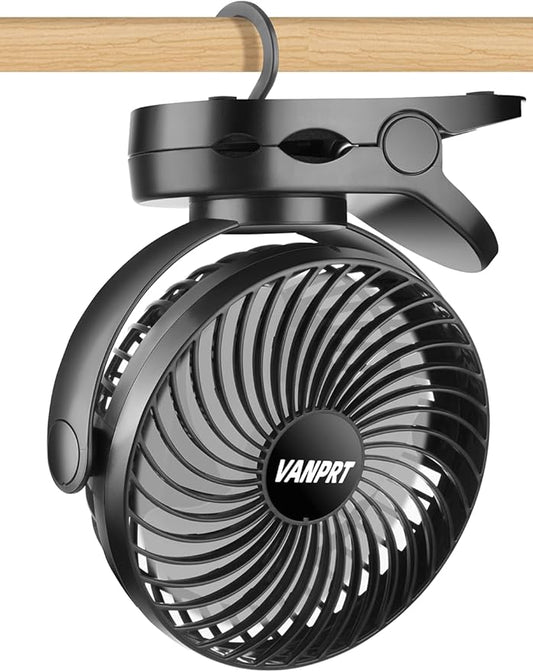6'' Clip Fan, Portable Clamp Fans with Hanging Hook, 5000mAh Rechargeable Battery Fan, 3 Speeds, 720° Rotation, Quiet, Strong Grip Clamp, 7-30 Working Hours for Camp Stroller Bed - Black