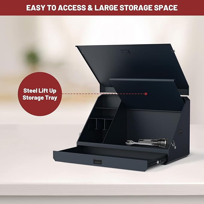 Portable Weather-Resistant Triangle Steel Toolbox with Lock, 16-Gauge Multi-Tier SAE & Metric Chest, Pull-Out Drawer for Truck, 36.8"W x 17.5"D x 21.6"H