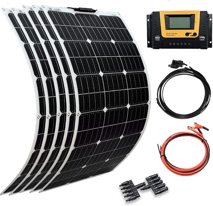 XINPUGUANG Flexible Solar Panel 100W 12V Monocrystalline 500W Solar Kit 50A Charge Controller Extension Cable Battery Cable Off-Grid for RV Boat Cabin Tent Car(500W-1)
