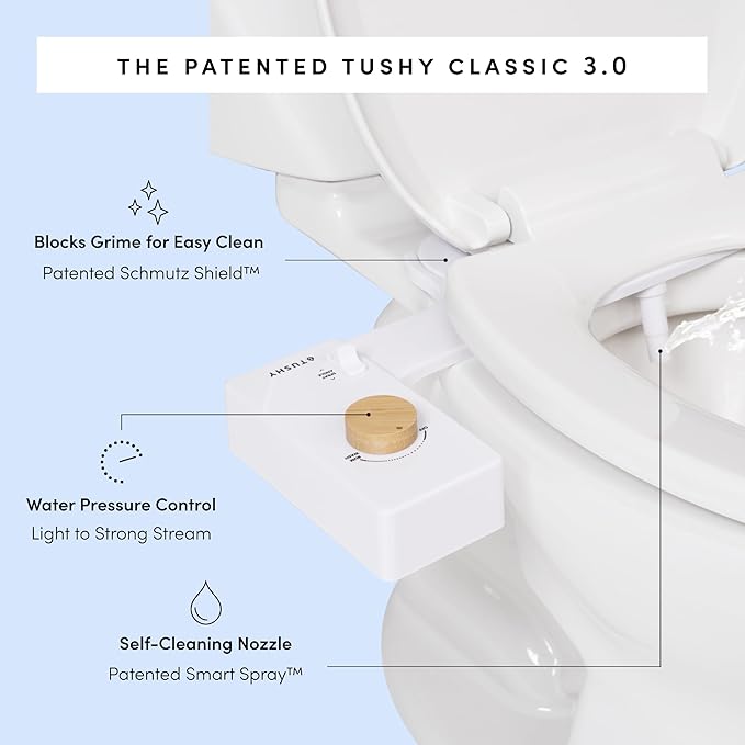 TUSHY Classic 3.0 Non-Electric Bidet Attachment | Self Cleaning Sprayer, Adjustable Water Pressure Nozzle, Angle Control. Fast & Easy DIY Installation. Universal Slim Fit. (Blue/Bamboo)