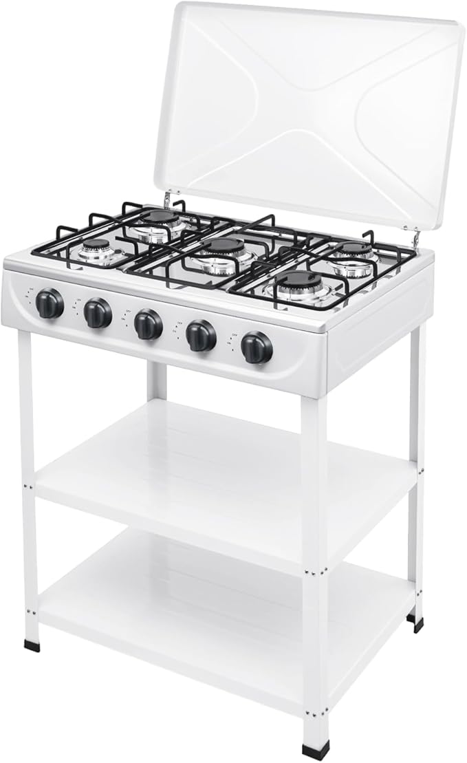 5-Burner Natural Gas Stove, Outdoor Camping Grill Stove, Portable Floor Standing Cooktop Cooker with Storage Stand and Wind Blocking Cover, Manual Ignition for Outdoor RV (White)
