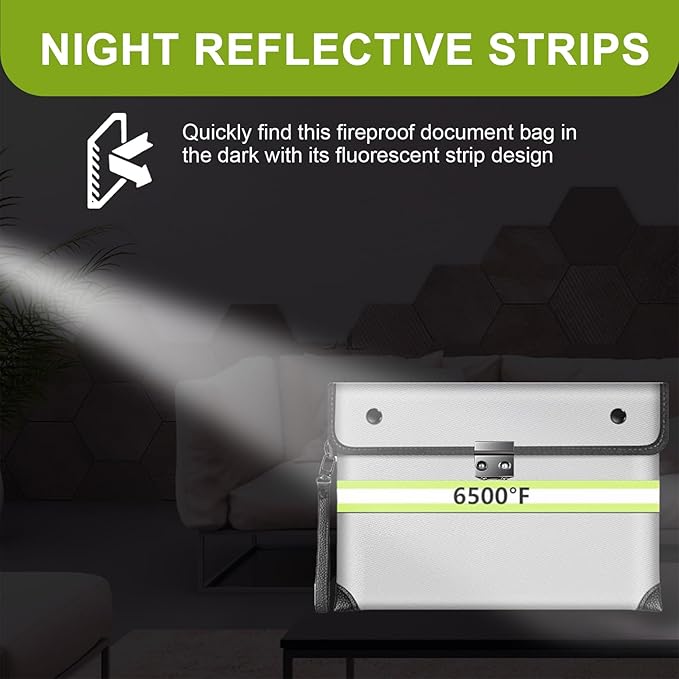 6500°F Fireproof Document Bag with Lock,Upgraded Fireproof/Waterproof Money Bag with Zipper/Reflective Strip,Storage Pouch for A4 Letter Size Document,Cash,Cell Phone,Passport