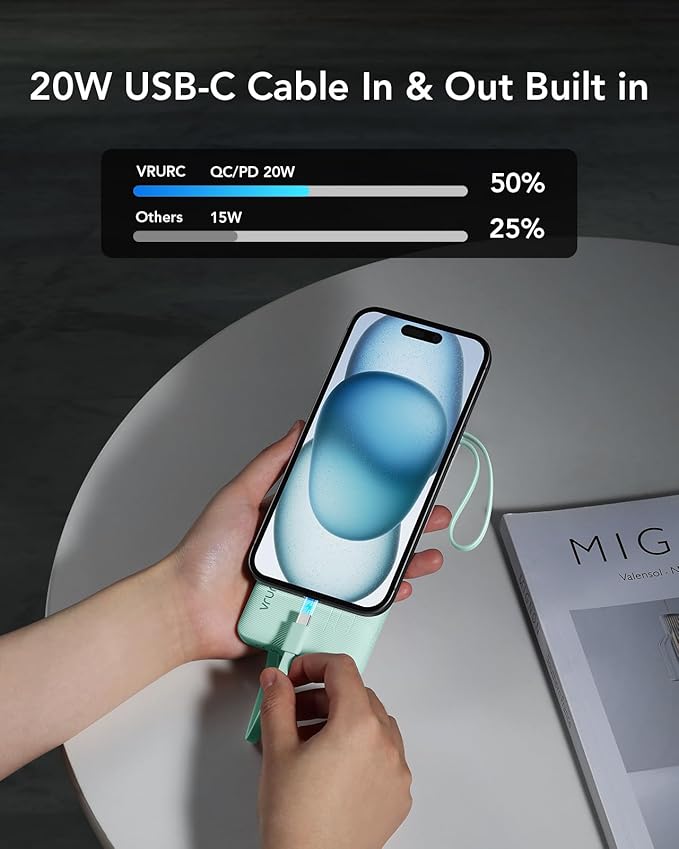 VRURC Portable Charger, 22.5W Power Bank 10000mAh, USB-C Cable in & Out Fast Charging Battery Pack, Compact Travel Essential 4 Outputs 3 Inputs for iPhone 16 15 14 13,Samsung, Android etc-Green