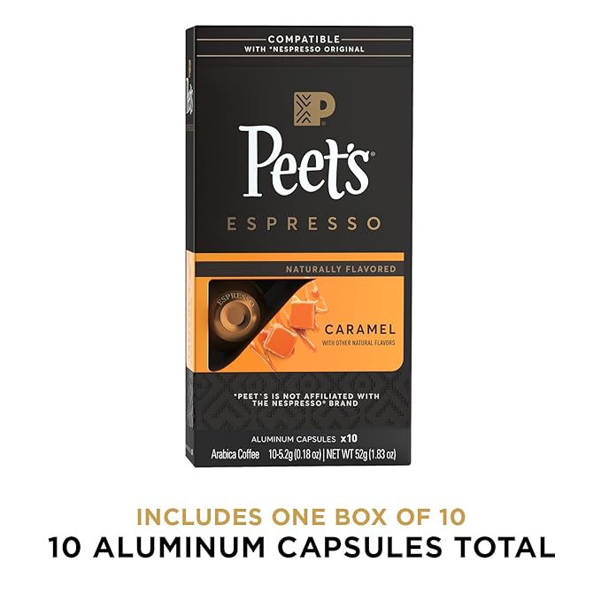 Peet's Coffee, Dark Roast Espresso Capsules Compatible with Nespresso Original Machine, Caramel 10 Count (1 Box of 10 Espresso Capsules) (Pack of 2)