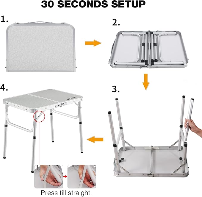 REDCAMP Small Camping Table 2 Foot, Portable Aluminum Folding Table Adjustable Height Lightweight for Picnic Beach Outdoor Indoor, White 24 x 16 inch