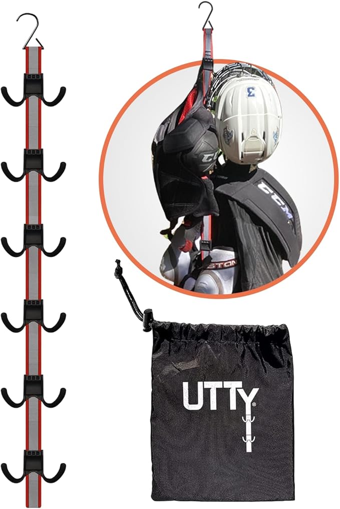 UTTY Hanging Multipurpose Portable Hockey Drying Rack - Durable Gear Keeper & Sports Equipment Organizer - 6 Durable Adjustable Hooks Support Light to Heavy Weight for Home, Travel & Outdoor Use
