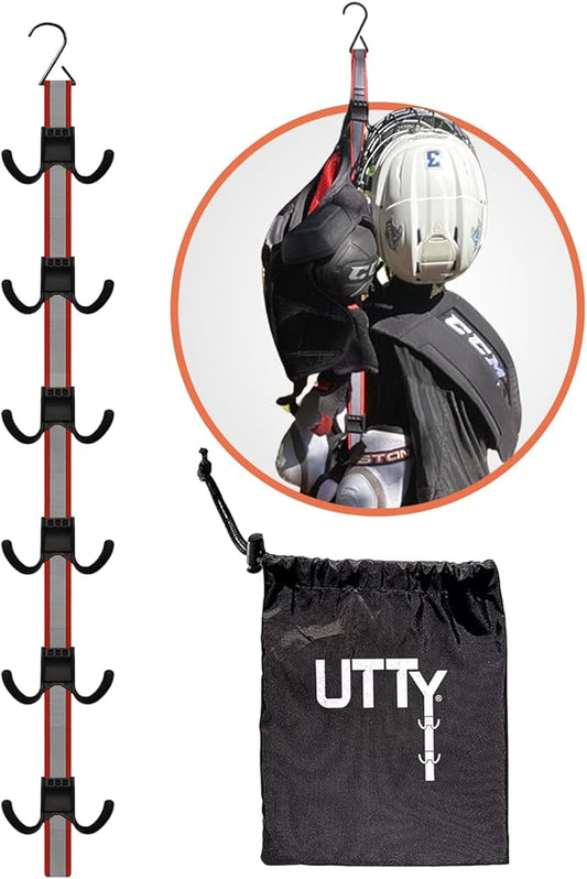 UTTY Hanging Multipurpose Portable Hockey Drying Rack - Durable Gear Keeper & Sports Equipment Organizer - 6 Durable Adjustable Hooks Support Light to Heavy Weight for Home, Travel & Outdoor Use