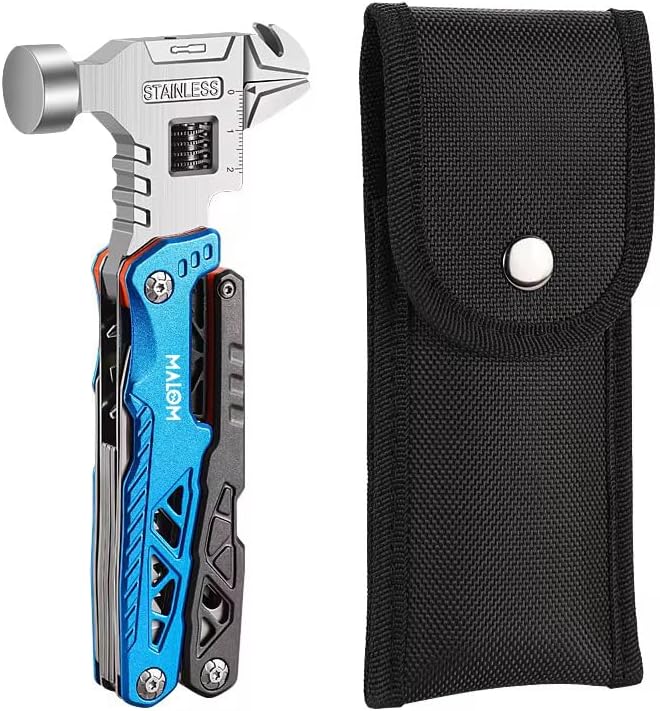 MALOM 18-in-1 Upgraded adjustable Hammer, Stainless Steel multitool Pliers with Replaceable Tungsten Wire Cutters, Bottle Opener, Nylon Sheath, Ideal for Camping, Survival, Hunting (Blue)