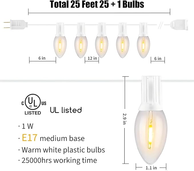 Vintage C9 LED Christmas Lights Outdoor, 25Ft C9 String Lights with 25 Shatterproof Colorful Bulbs, Waterproof Connectable Christmas Tree Lights for Roofline Holiday Garden Party Xmas Decorations