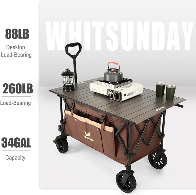 Whitsunday Folding Collapsible Utility Wagon, Heavy Duty Outdoor Park Beach Wagon with Table and Side Pocket for Camping Sports Shopping Brown