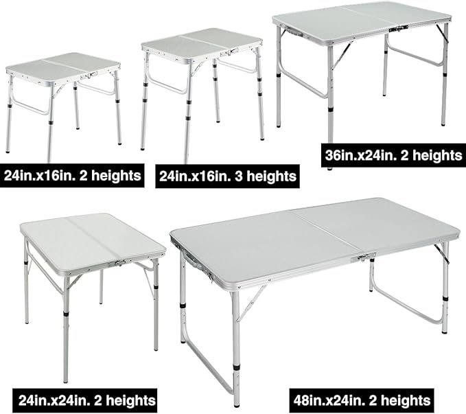 REDCAMP Small Camping Table 2 Foot, Portable Aluminum Frame Folding Table Adjustable Height Lightweight for Picnic Beach Outdoor Indoor, White 24 x 16 inch (3 Heights)