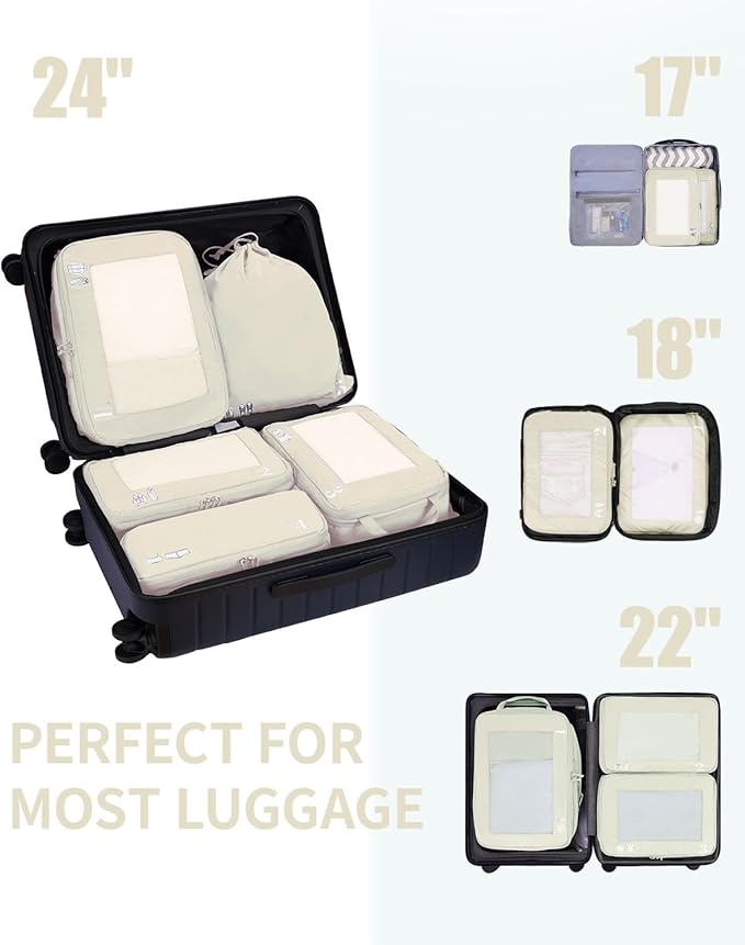 ECOHUB 5 Set Compression Packing Cubes for Suitcases Organiser Bags Set Travel Essentials with Shoe Bag for Traveling Tear-resistant Travel Accessories with ID Tag Expandable Packing Bags(Beige)