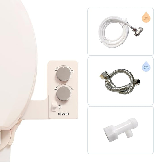 TUSHY Spa Self-Cleaning Warm Water Toilet Bidet Attachment. Adjustable Nozzle, Angle & Pressure Control. Easy DIY Home Install, Requires Sink Access for Optional Warm Water Control. (Biscuit/Platinum)
