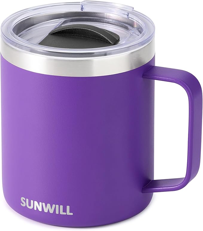 SUNWILL Insulated Coffee Mug with Lid, Travel Tumbler with Handle, 14 oz Stainless Steel Cup for Camping, Office, Home, Powder Coated Purple