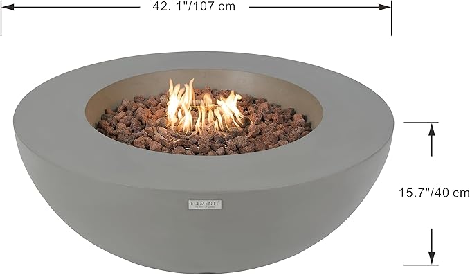 Elementi | Lunar Gas Fire Pit Cast Concrete 42" Round Fire Table, Outdoor Fire Pit Electronic Ignition | Canvas Cover, Lava Rock Included | Light Gray (Propane Gas)