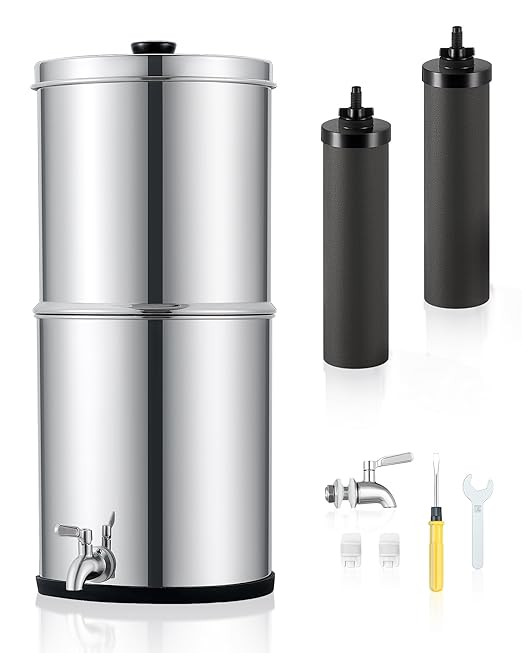 CO-Z Gravity-Fed Water Filter System, 2.25 Gallons Countertop Water Filtration System, 304 Stainless Steel Gravity Water Purifier with 2 Carbon Filters & Water Spigot, NSF/ANSI 42 Certification