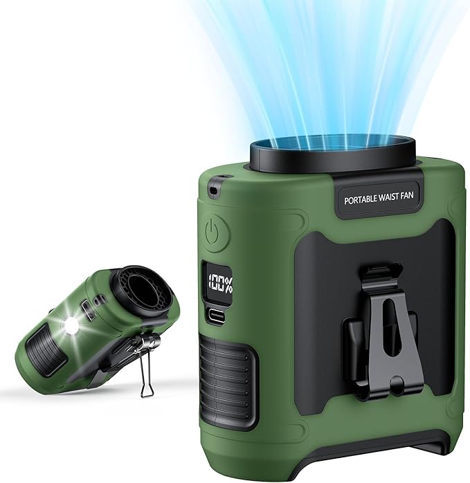 AI Portable Waist Clip Fan, Upgraded 10000mAh Rechargeable Battery Wearable Belt Personal Fan, 16000RPM Powerful 5 Speeds Shirt with Flashlight Neck Hands-Free 40H Cooling (Green)