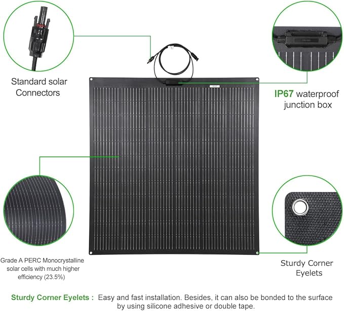 Flexible Solar Panel 200W 12V ETFE 9BB,43.3/8in x 41-1/2in Semi-Flexible Bendable Mono Solar Panel 200 Watt for RV Van Roof TopCamping Home Boat Marin