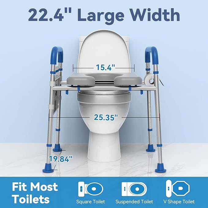 Toilet Seat Risers for Seniors, Padded Raised Toilet Seat with Handles, Adjustable Height Toilet Riser, Handicap Elevated Seat 400lb, Fit Any Toilet