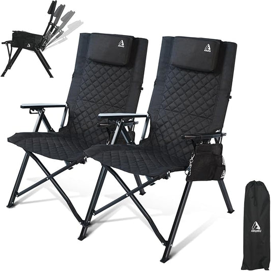 Reclining Camping Chair 2 Pack, Folding Lawn Chairs with 4-Stage Adjustable High Back for Adults Heavy Duty, Compact Foldable Outdoor Patio Recliner Chair with Side Bag (Black)