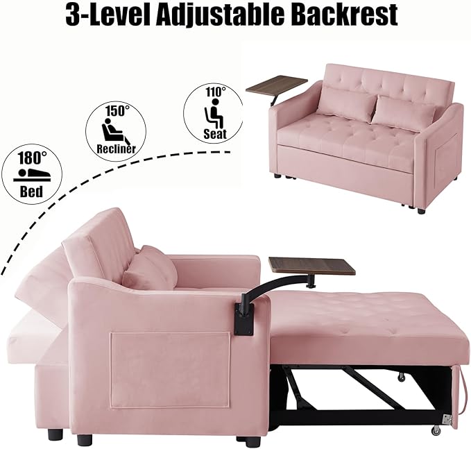 53.15" Convertible Sleeper Sofa Bed with Swivel Table, Adjustable Backrest & Side Pocket, Pull-Out Velvet Loveseat Futon for Small Spaces, Easy Assembly, 3-in-1 Couch Bed for Living Room