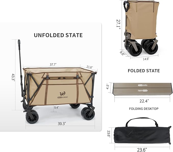 Whitsunday Collapsible Heavy Duty Wagon with All Terrian Wheel, 440Lbs Foldable Utility Camping Park Wagon Cart with Table for Beach