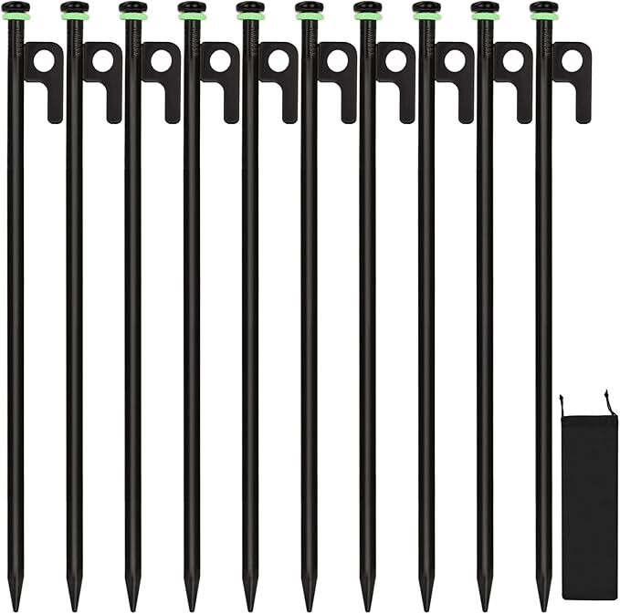 10Pcs Tent Stakes, 16in Heavy Duty Tent Stakes with Storage Pouch, Forged Steel Tent Sakes Metal, Metal Stakes for Tent Used on Grassland, Snowfield, Dessert(10Pcs, 16in, Diameter 3/8")