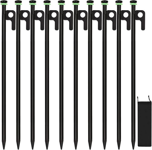 10Pcs Tent Stakes, 16in Heavy Duty Tent Stakes with Storage Pouch, Forged Steel Tent Sakes Metal, Metal Stakes for Tent Used on Grassland, Snowfield, Dessert(10Pcs, 16in, Diameter 3/8")